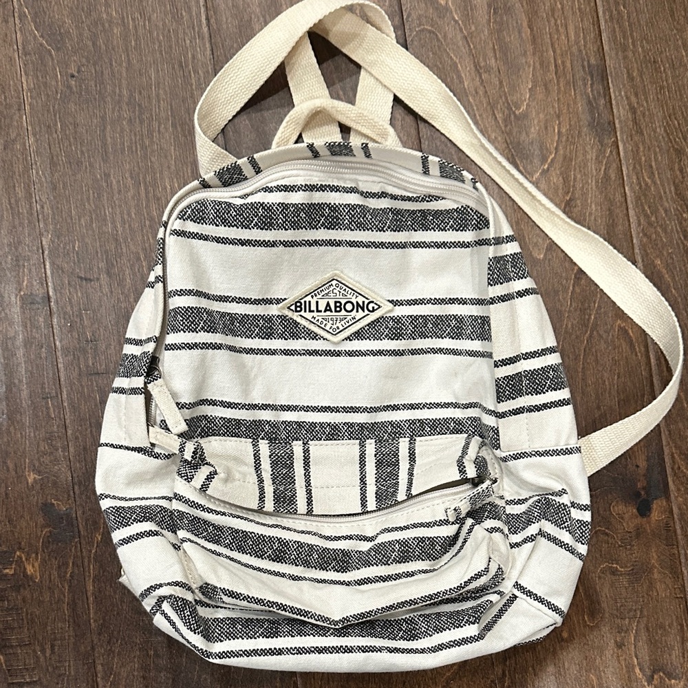 Billabong Cream and Black Striped Canvas Backpack with Front Pocket